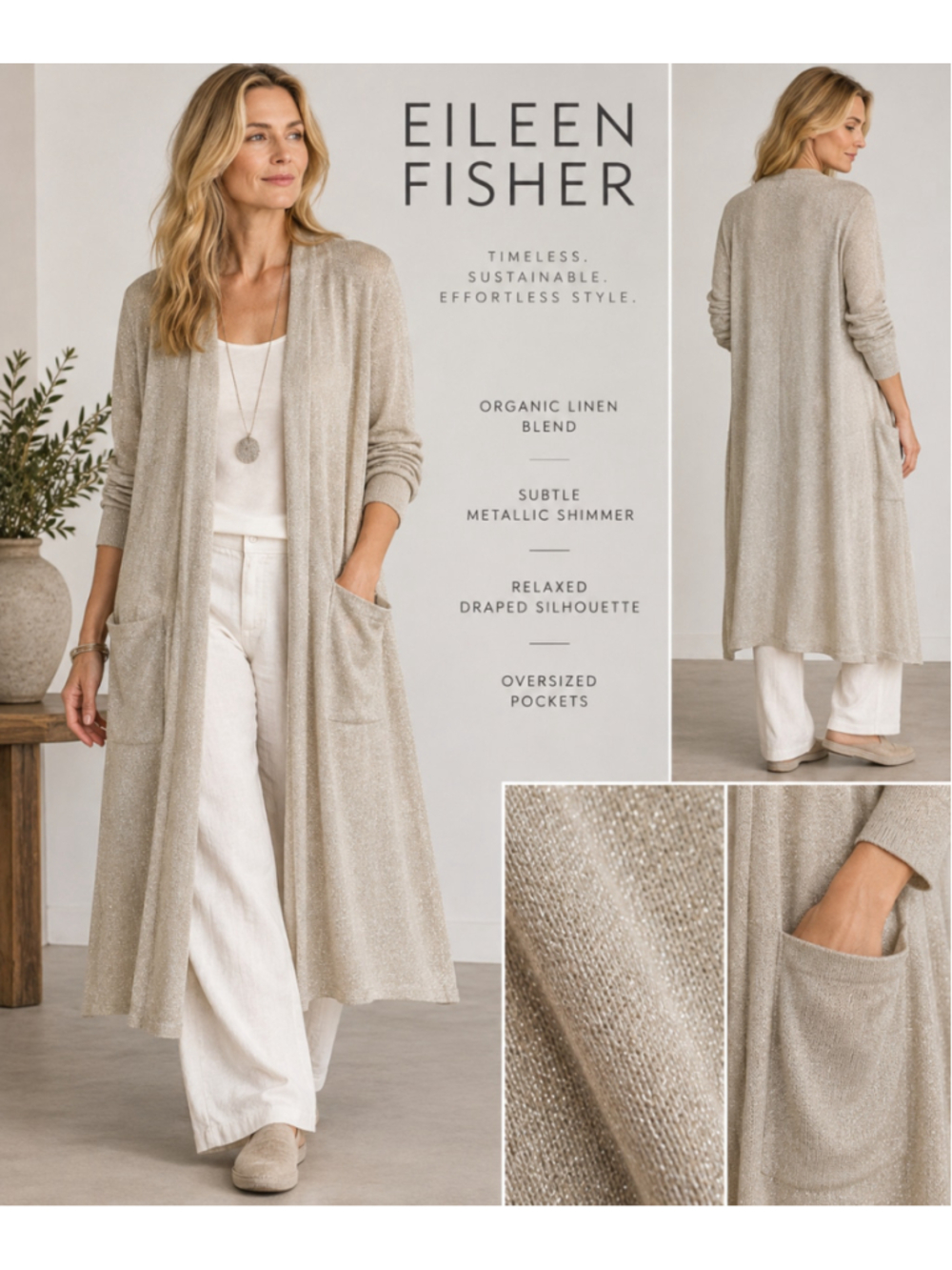 Eileen Fisher L Organic Linen Metallic Shimmer Long Duster Cardigan Lagenlook